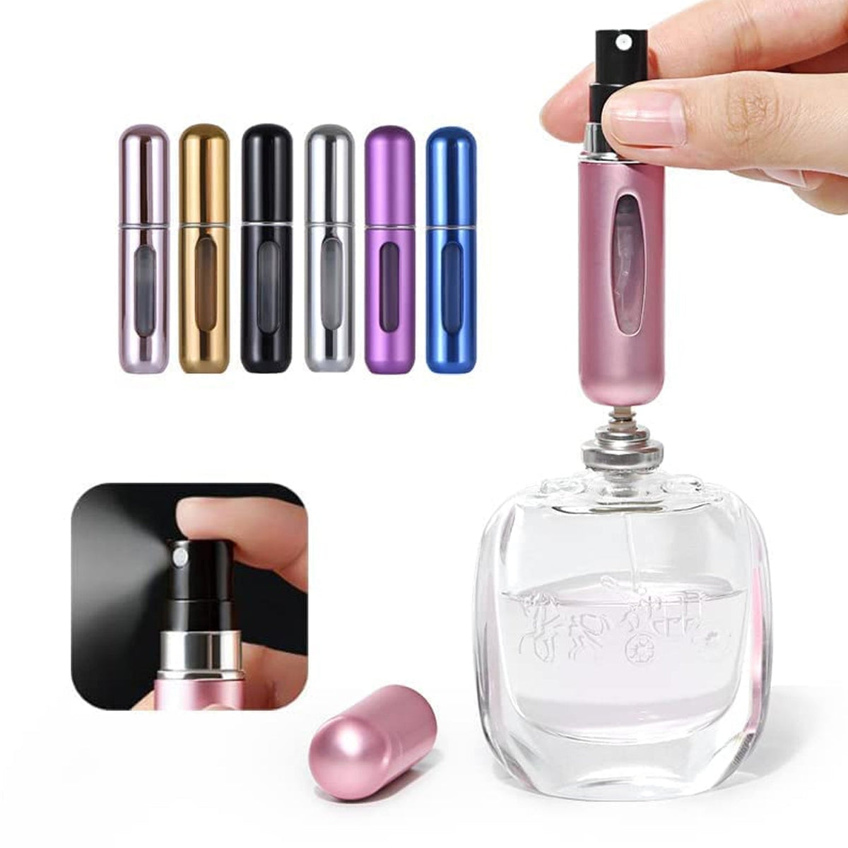 A hand holds a pink refillable perfume bottle above a larger perfume bottle for refilling, with five other colored bottles