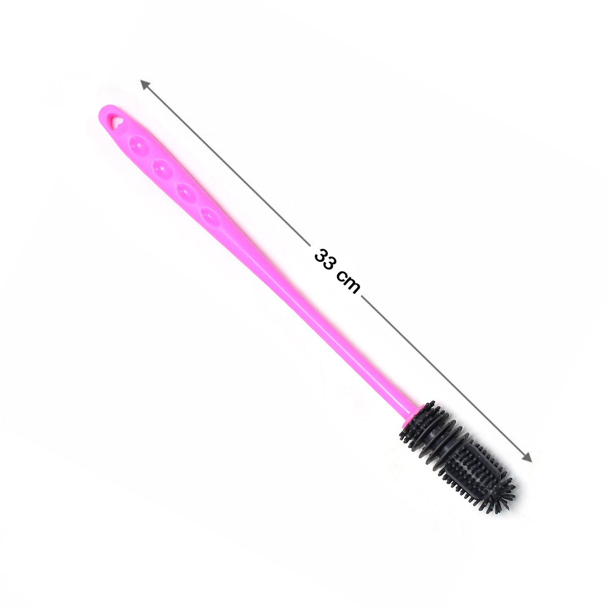 A pink and black silicone bottle brush with a measurement of 33 cm indicated by arrows.