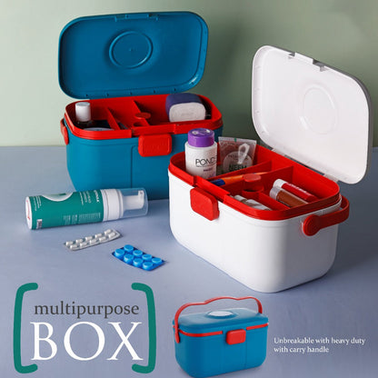 Two open multipurpose storage boxes, one blue and red, one white and red, filled with various personal care items and