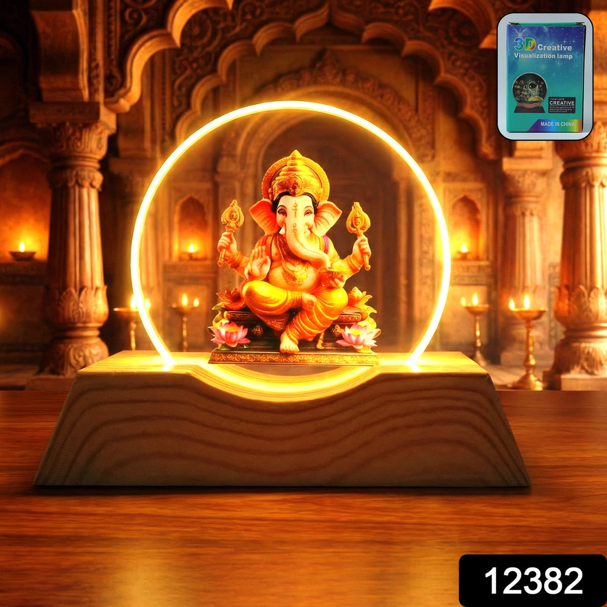 Lord Ganesha LED lamp with a golden glow in a temple setting, with a product label overlay.