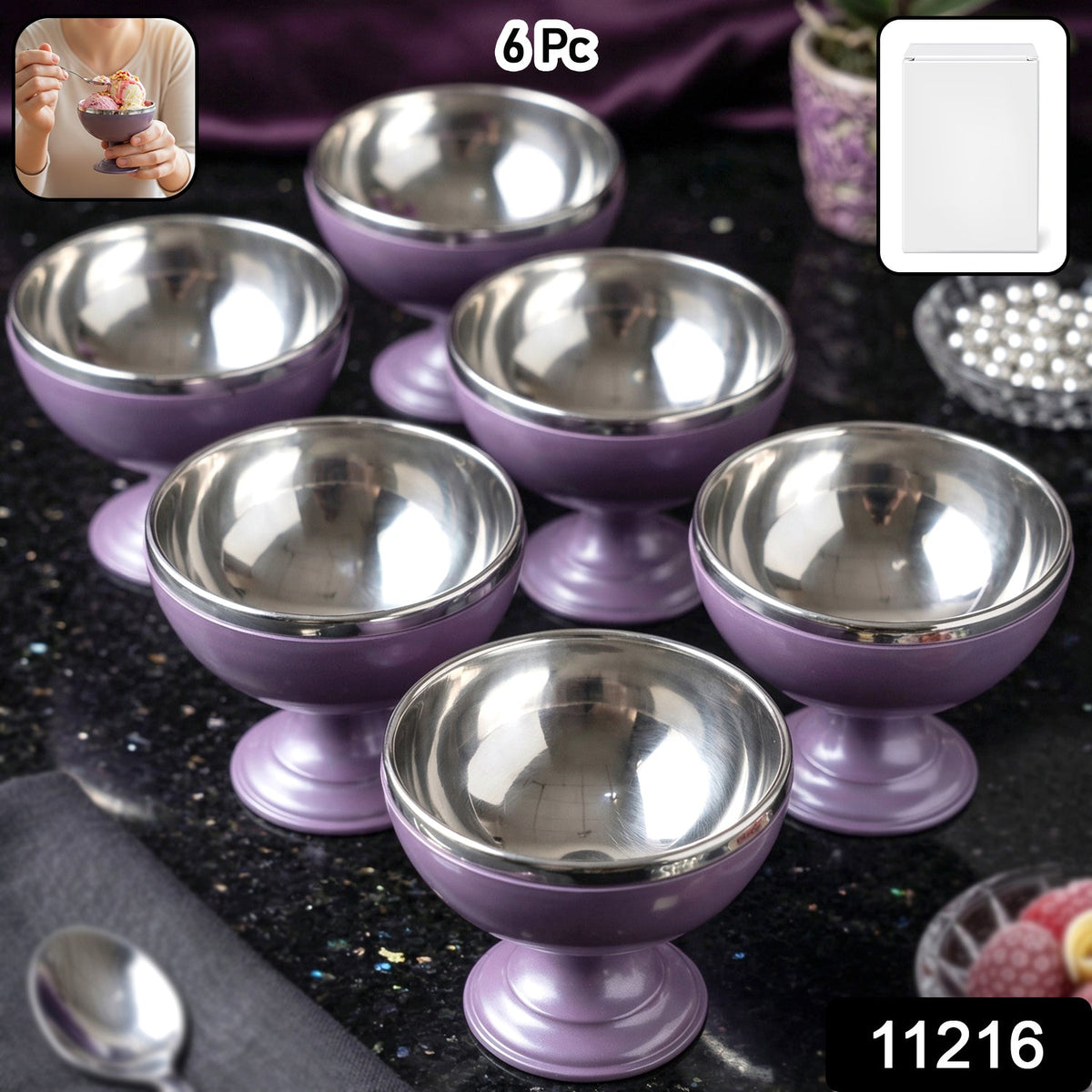Six purple and silver dessert bowls are displayed on a dark countertop, with a small inset showing a person holding a bowl.