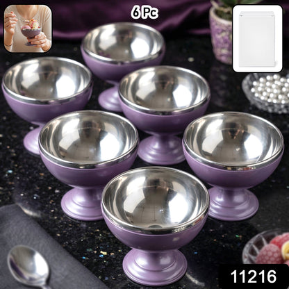Six purple and silver dessert bowls are displayed on a dark countertop, with a small inset showing a person holding a bowl.