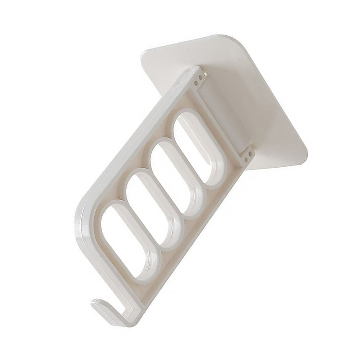A white plastic foldable wall hook with four slots and a bottom hook is shown against a white background.