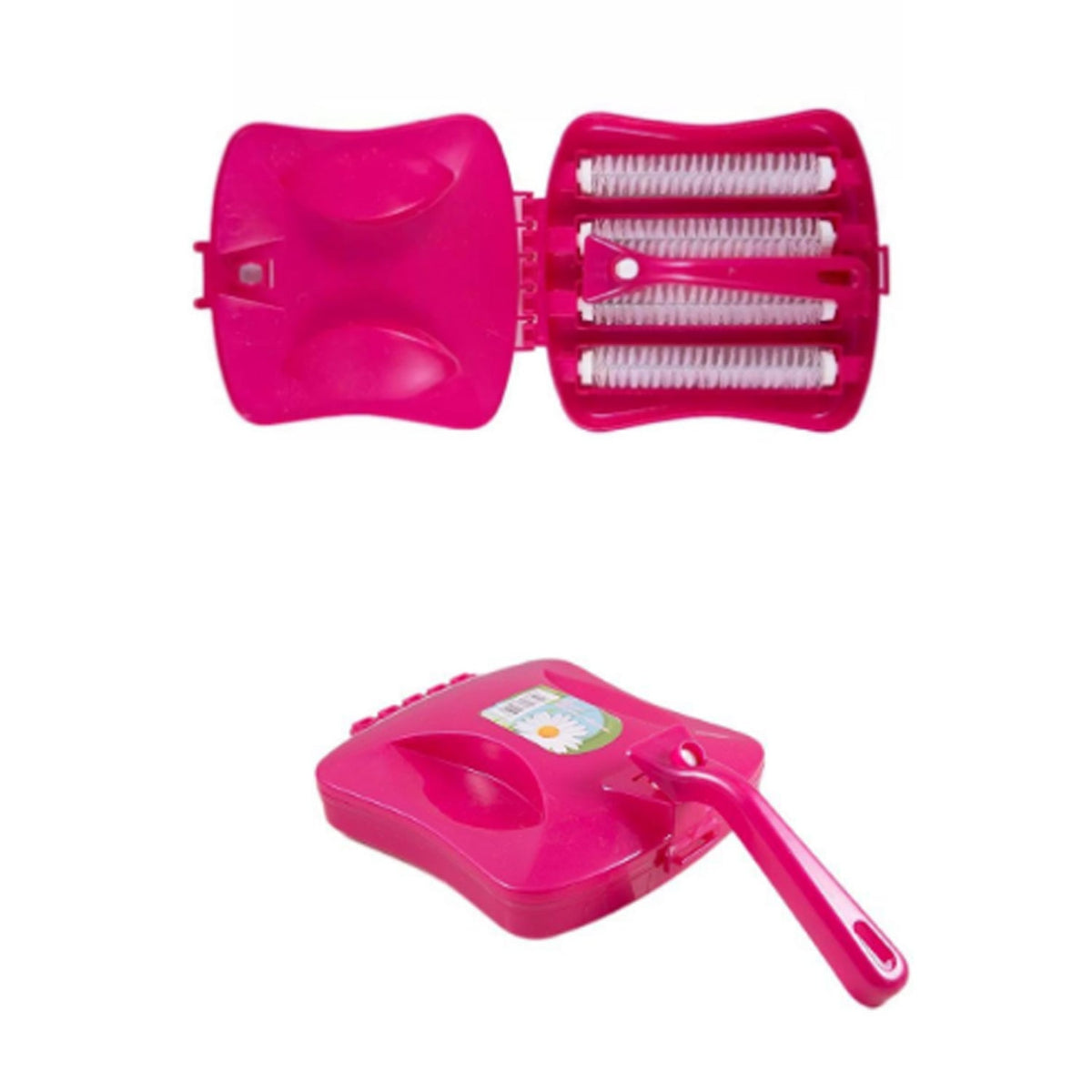 Two views of a bright pink handheld carpet sweeper on a white background, one closed and one open with internal brushes