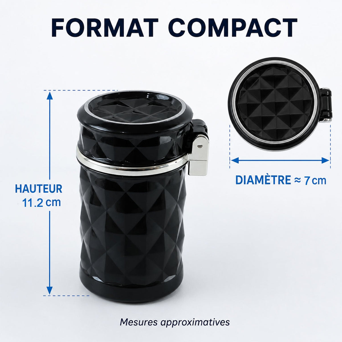 A black car cup holder ashtray with dimensions indicating a height of 11.2 cm and a diameter of approximately 7 cm.