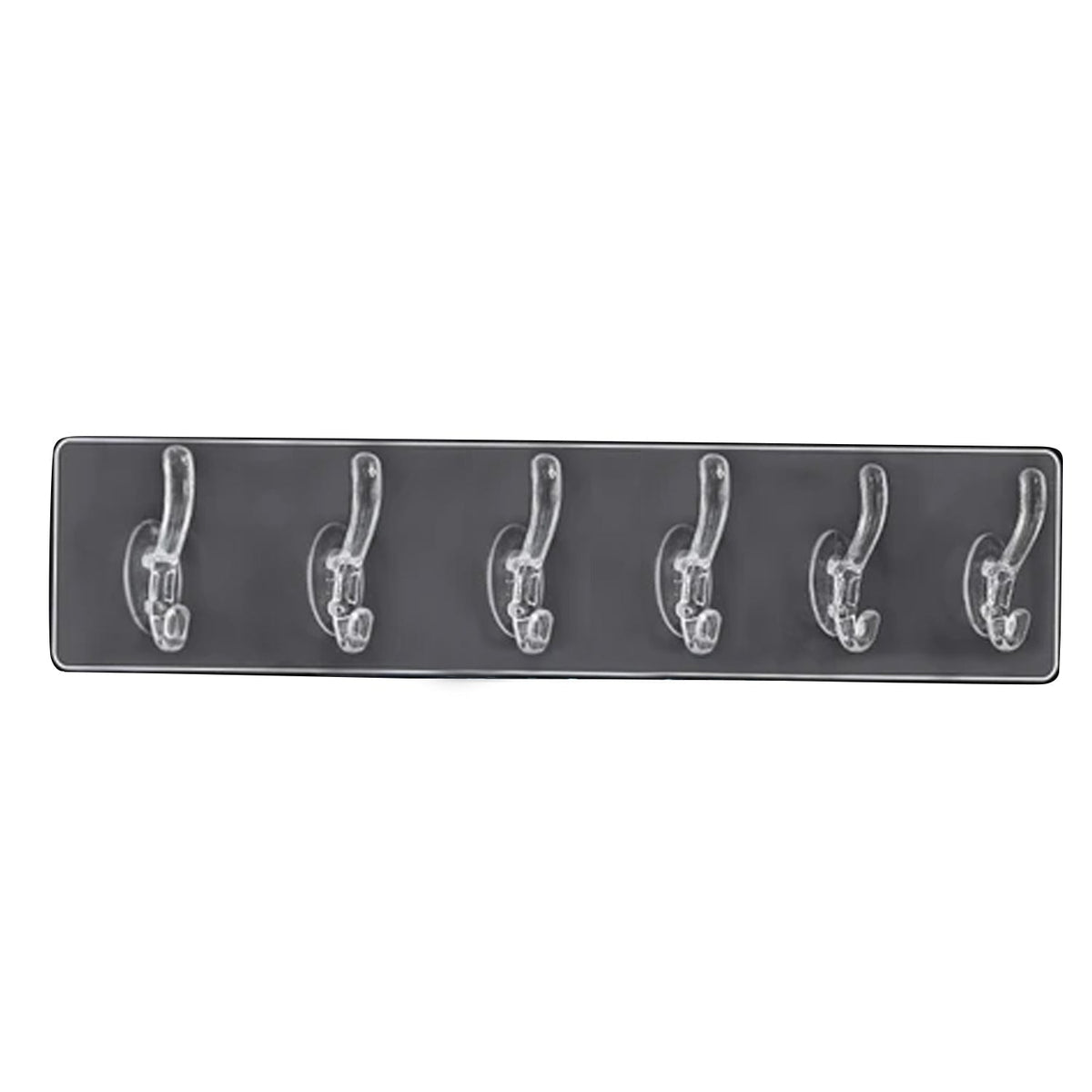 A clear plastic 6-hook adhesive wall rail is centered against a solid dark gray background.