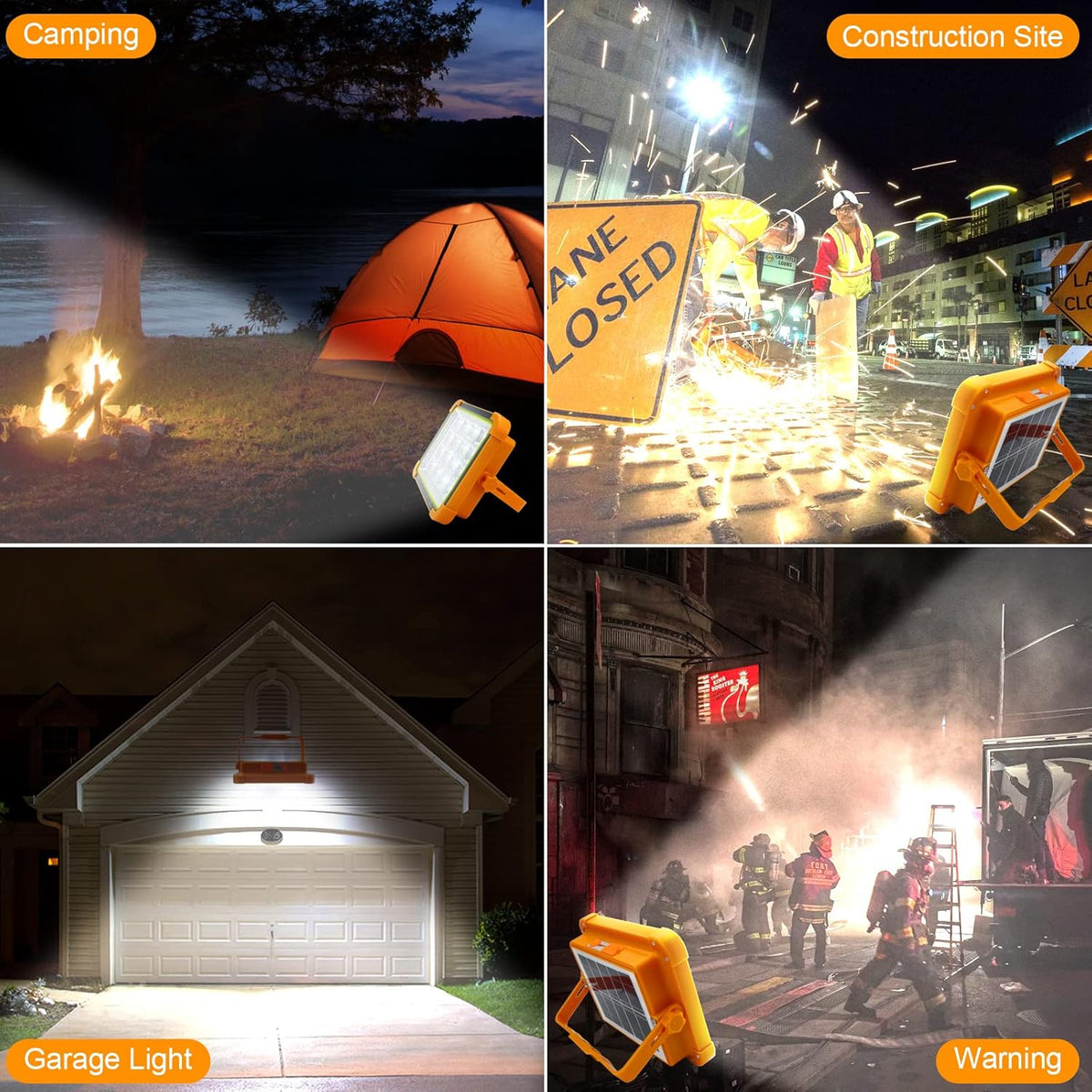 Four scenes demonstrating the orange and black solar LED flood light's use in camping, construction, garage, and emergency