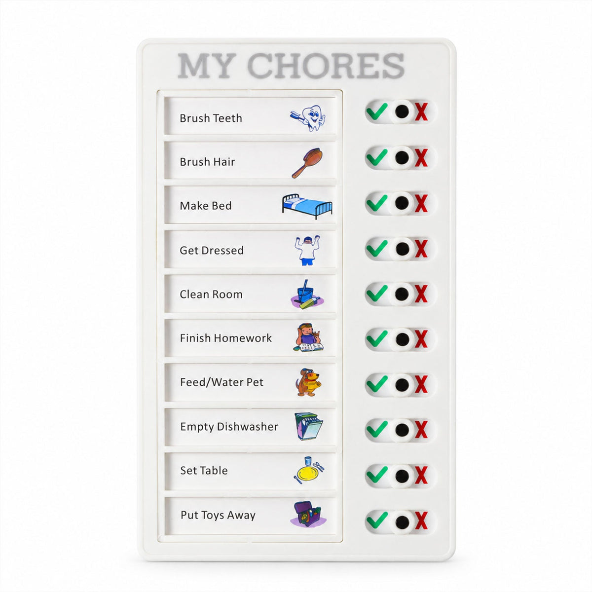 A white rectangular chore board displaying ten daily tasks with corresponding colorful icons and slider indicators.