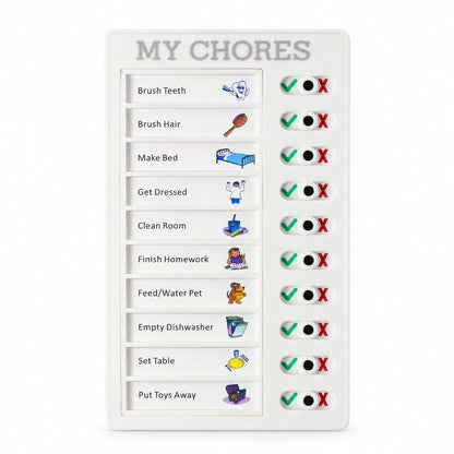 A white rectangular chore board displaying ten daily tasks with corresponding colorful icons and slider indicators.