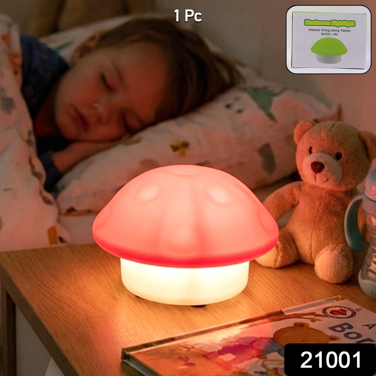 Mushroom night light glowing on a bedside table with a sleeping child and teddy bear in the background.