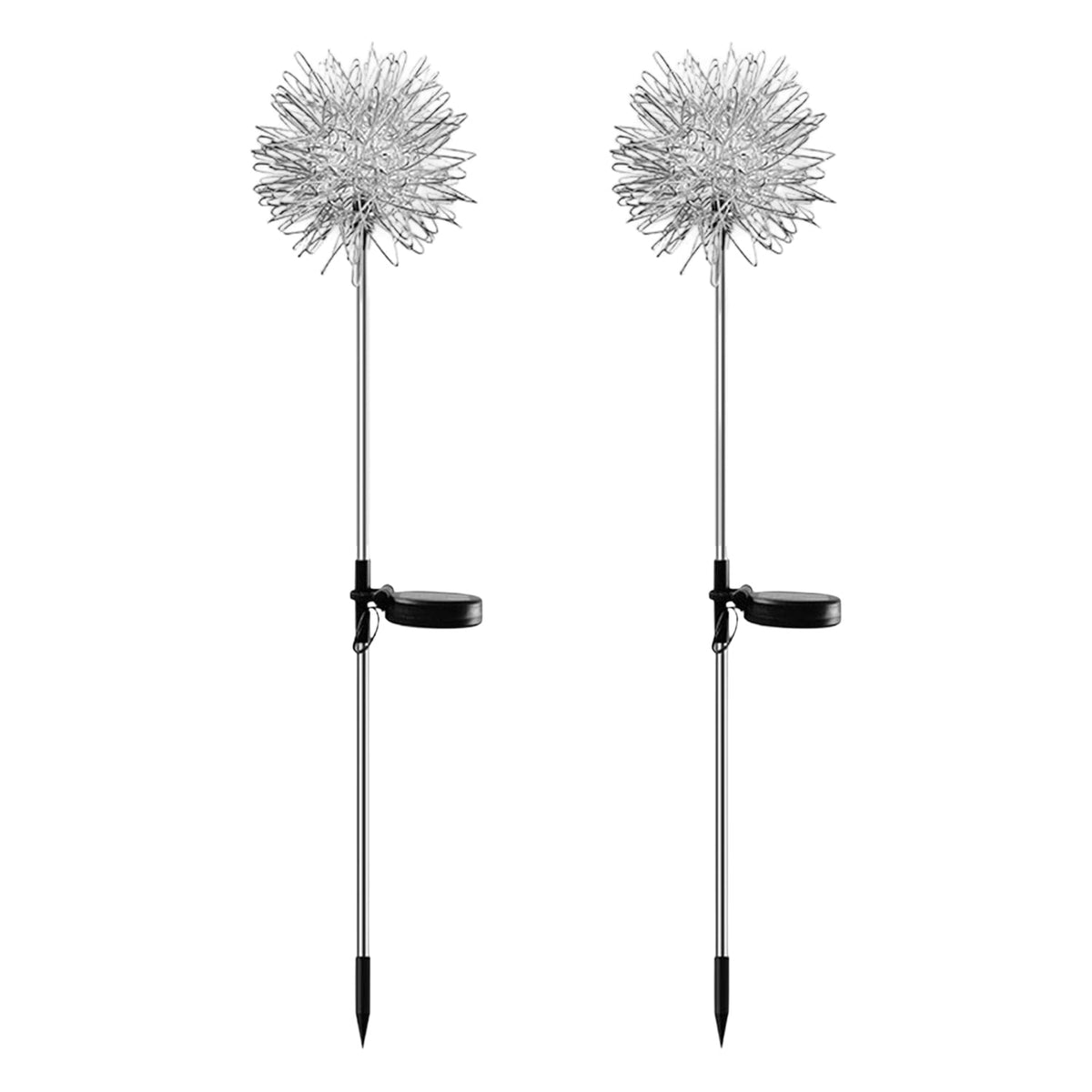 Two silver dandelion-shaped solar garden lights with black solar panels and stakes on a white background.