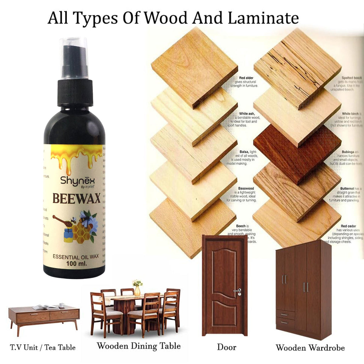 A black spray bottle of beeswax polish next to various wooden furniture items and wood samples.