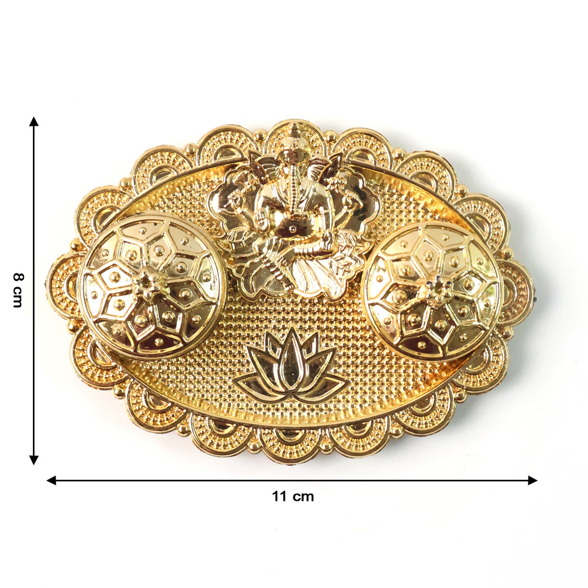 A gold-finished chopra with Ganesh and ornate containers on a white background, showing dimensions of 8 cm by 11 cm.