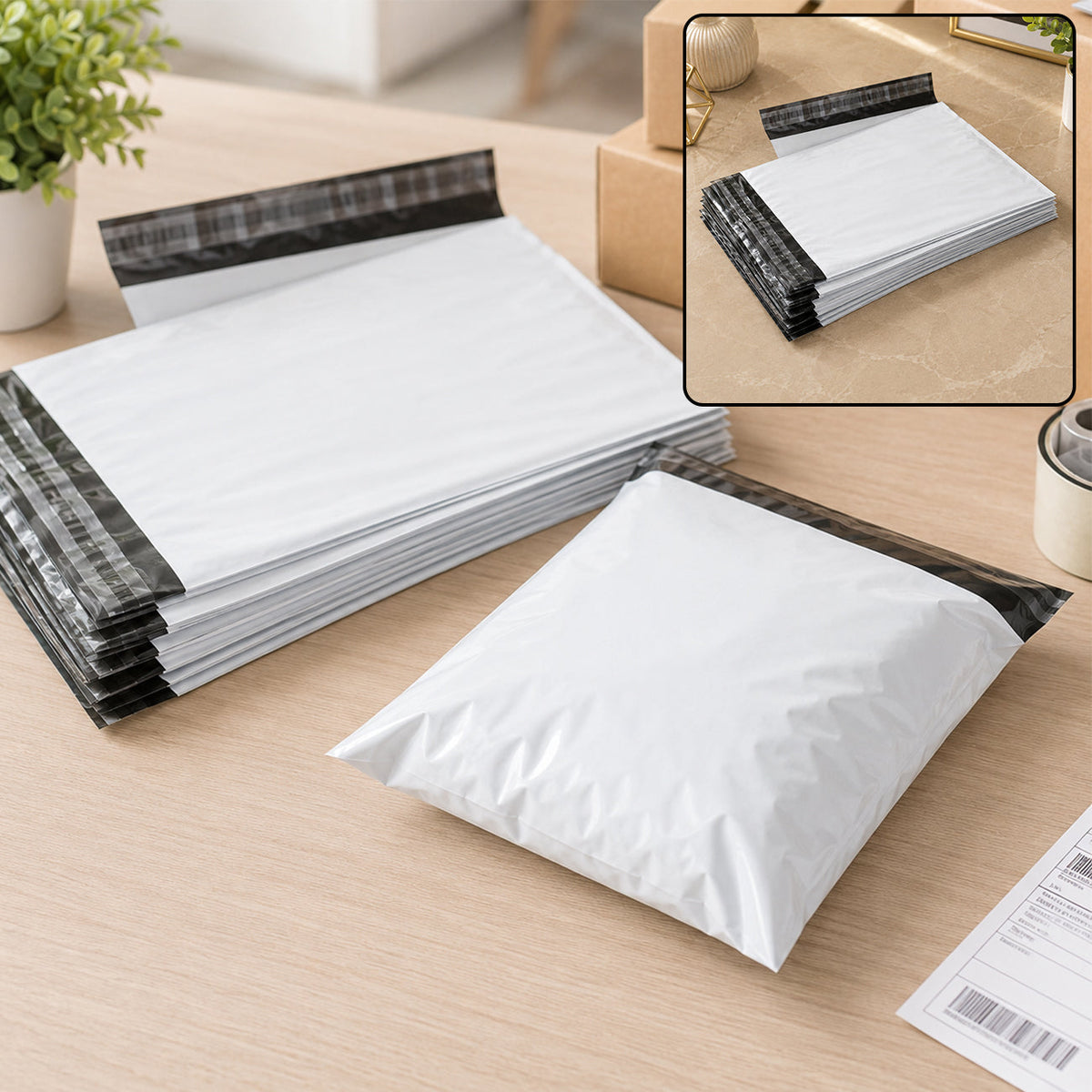 A stack of white poly mailer bags with black seals on a wooden desk, with a smaller stack in the background.