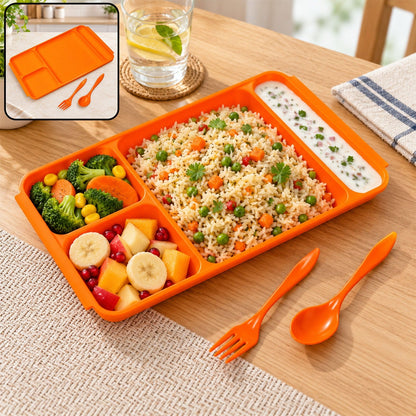 4-Compartment Plate – Plastic Dinner Set with Spoon & Fork |
