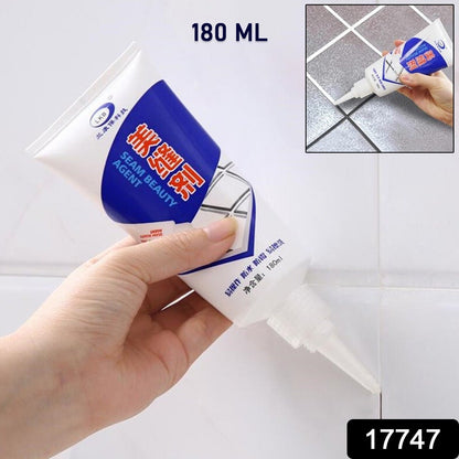 A hand holds a white and blue sealant tube, with a smaller inset image showing it in use on tiles.