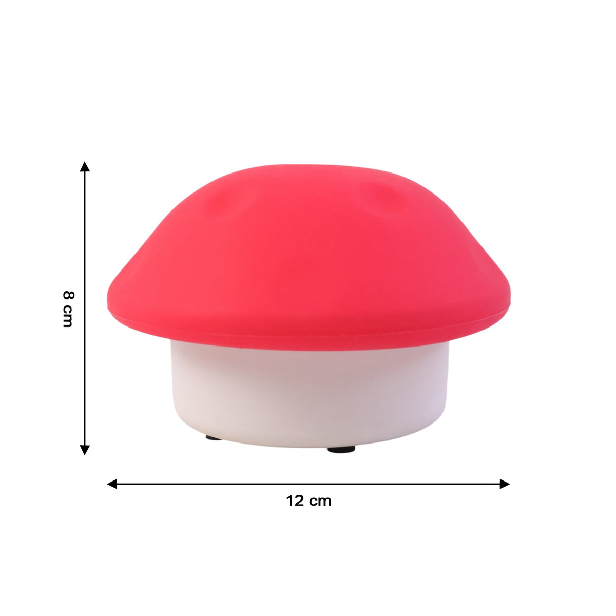 Red and white mushroom night light with dimensions of 8 cm height and 12 cm width.