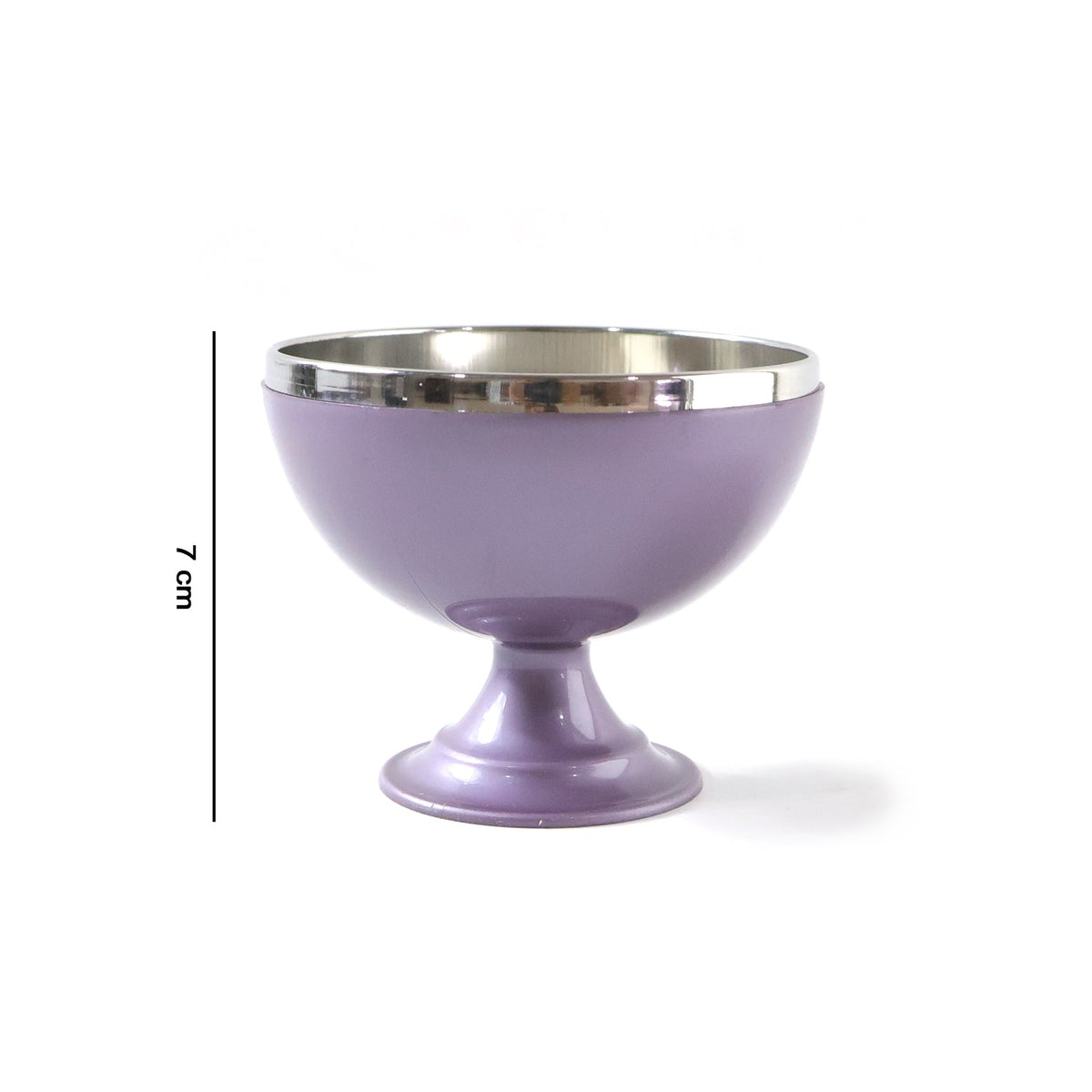 A single purple and silver dessert bowl is shown with a 7 cm height measurement on a white background.