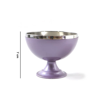 A single purple and silver dessert bowl is shown with a 7 cm height measurement on a white background.