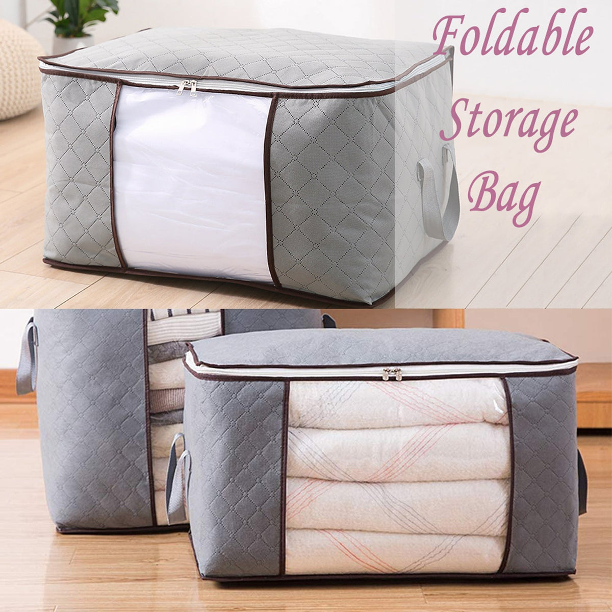 Two grey quilted fabric storage bags, one empty and one filled with folded blankets, on a wooden floor.