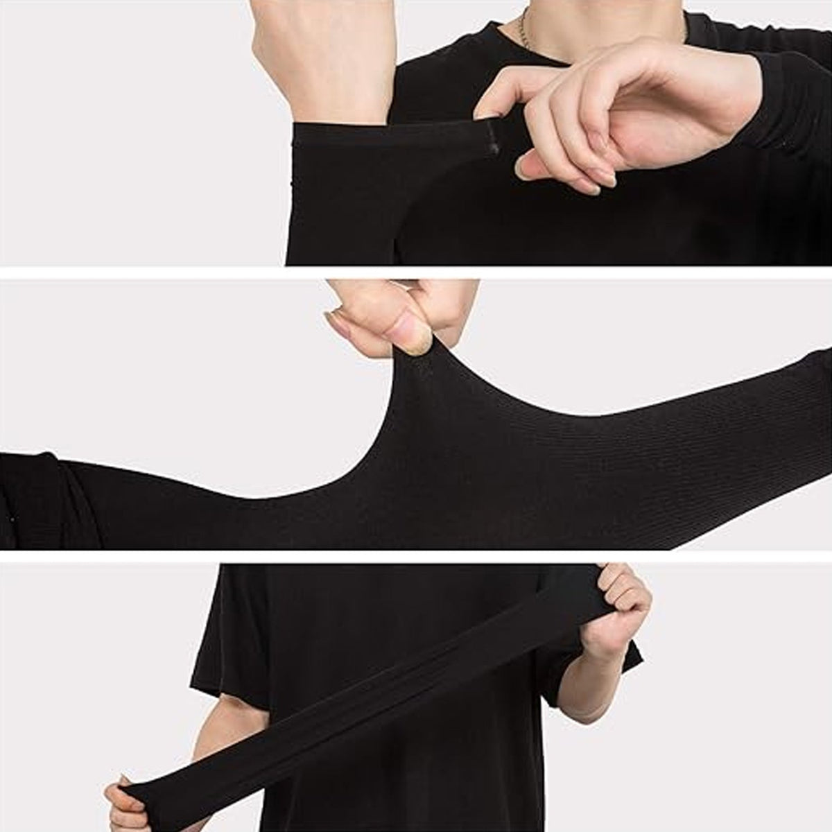 Three close-up panels demonstrating the stretchiness of the black compression sleeve fabric on an arm and by hand.