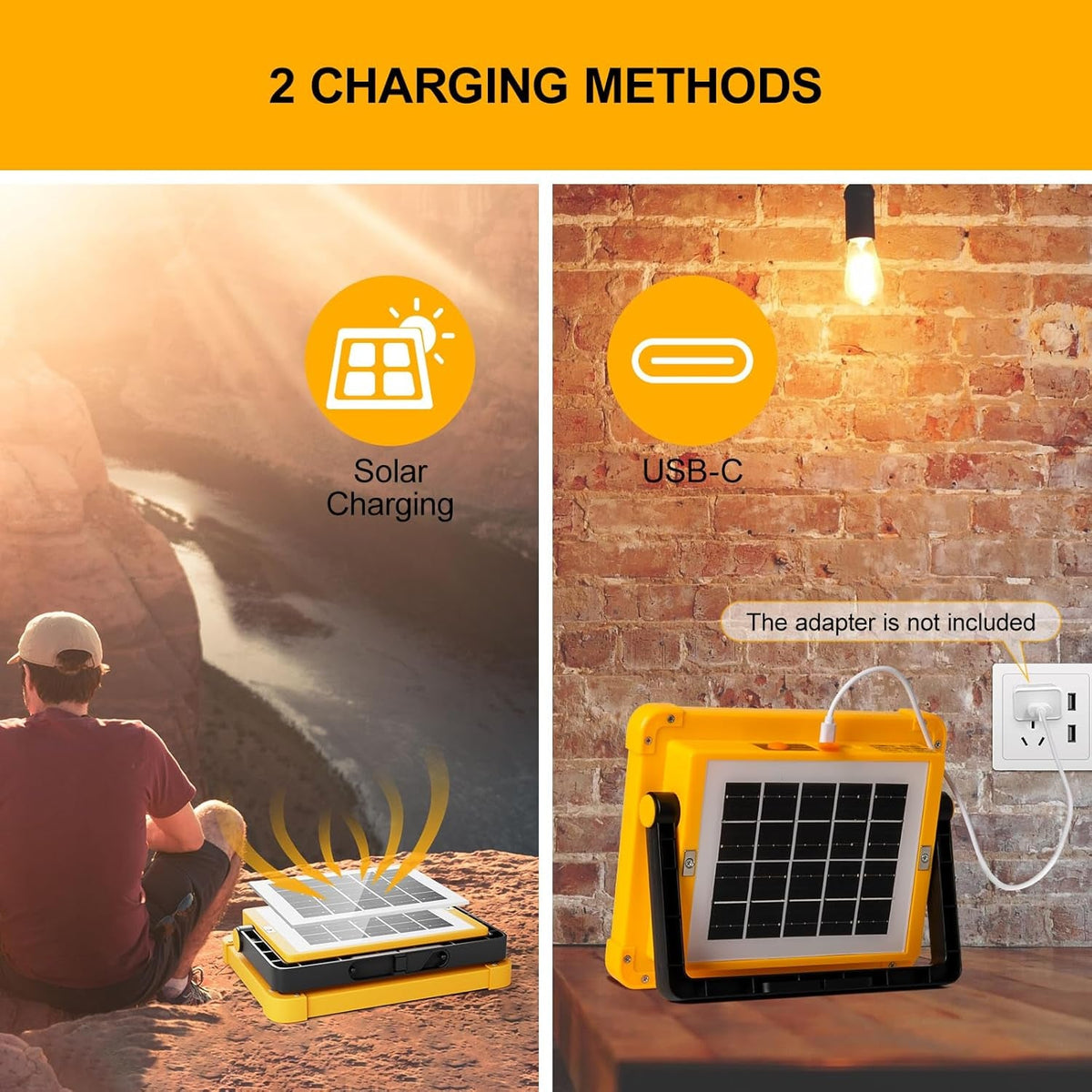 Split image showing solar charging in a mountain landscape and USB-C charging from a wall outlet for the yellow flood light.