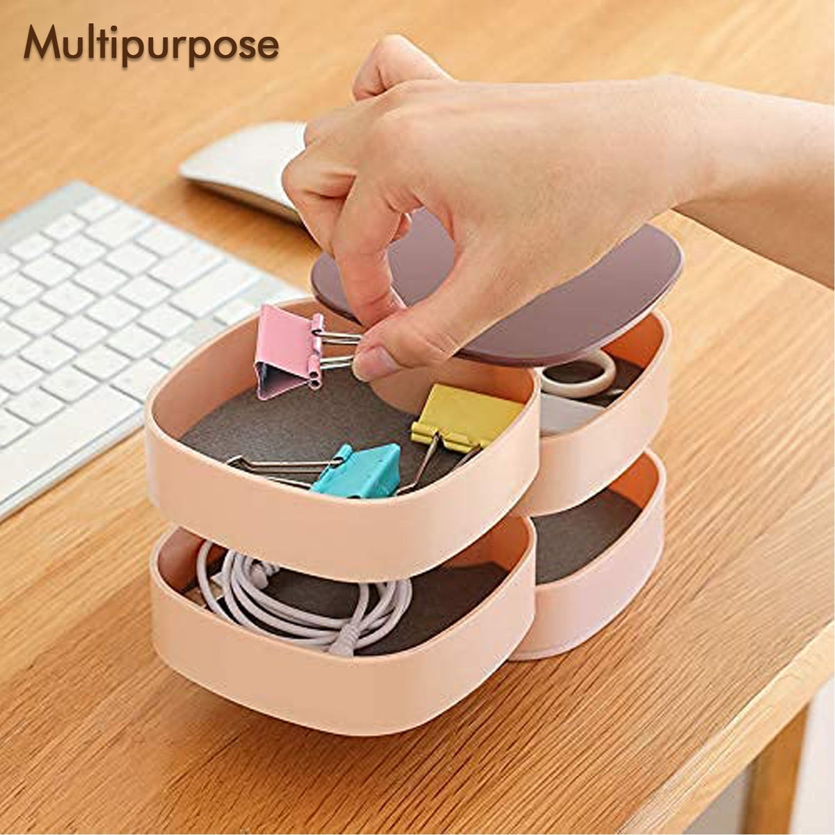 Full view of 360-degree rotating jewellery organizer box displaying all compartments