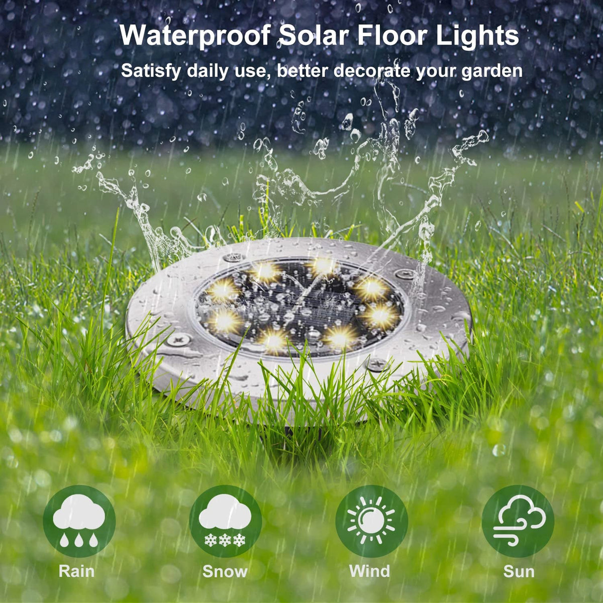 A silver solar ground light with eight yellow LEDs is shown in green grass with water droplets splashing around it,