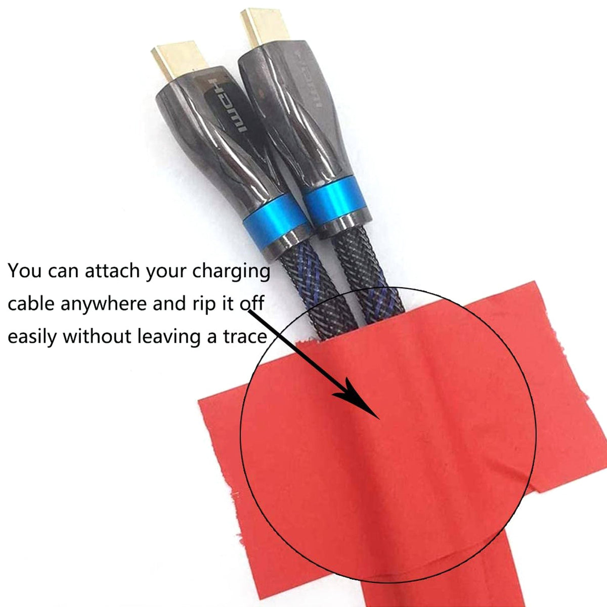 Two HDMI cables secured by red tape, with text about attaching cables easily without a trace.