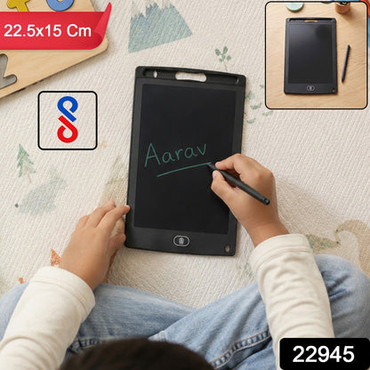 A child sits cross-legged on a patterned mat, writing "Aarav" in green on a black LCD tablet with a stylus