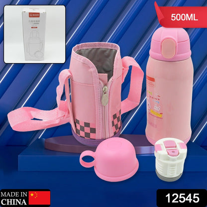 Premium Stainless Steel Insulated Sipper Bottle Print Water FlaskCartoon Vacuum Hot Cold For Kids / Travelling Water Bottle for Kids with Pop up Straw,  Double Wall Thermos with Straw & Bottle Zippe Cover For office/Gym/School (500 ML)