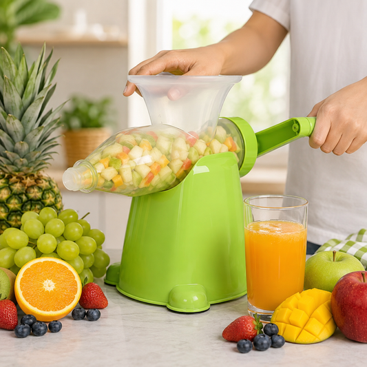 A person operates a green manual juicer filled with chopped fruit, surrounded by fresh produce and a glass of juice.