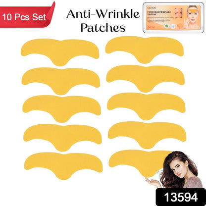 Ten gold forehead patches are displayed with text "Anti-Wrinkle Patches" and "10 Pcs Set".