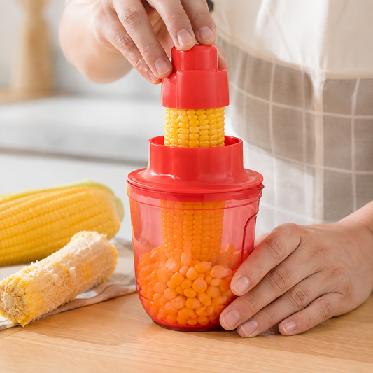 A person's hands operate a red plastic corn kernel remover, with kernels collecting in the transparent base. A whole and a