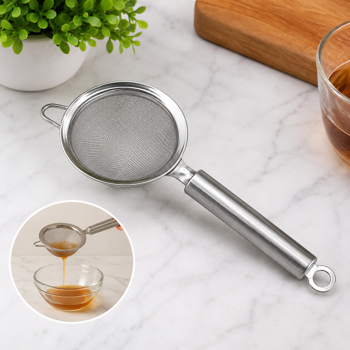 A stainless steel fine mesh strainer sits on a white marble counter, with a small plant and tea in the background. A small