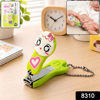 A green and white cartoon character nail clipper with a pink heart, next to a clock and a hand clipping a child's nail, with