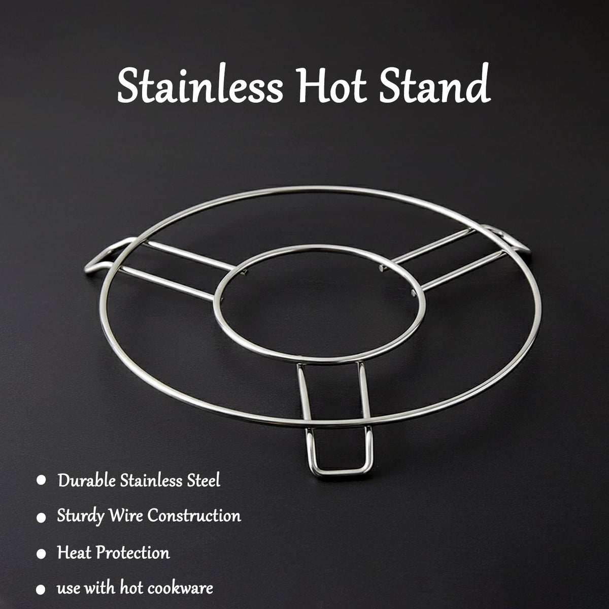 A stainless steel hot stand is displayed on a black background with bullet points describing its features.