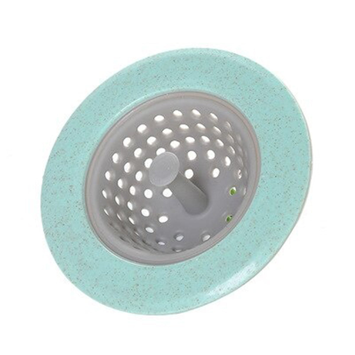 A mint green and grey silicone sink strainer basket on a white background.