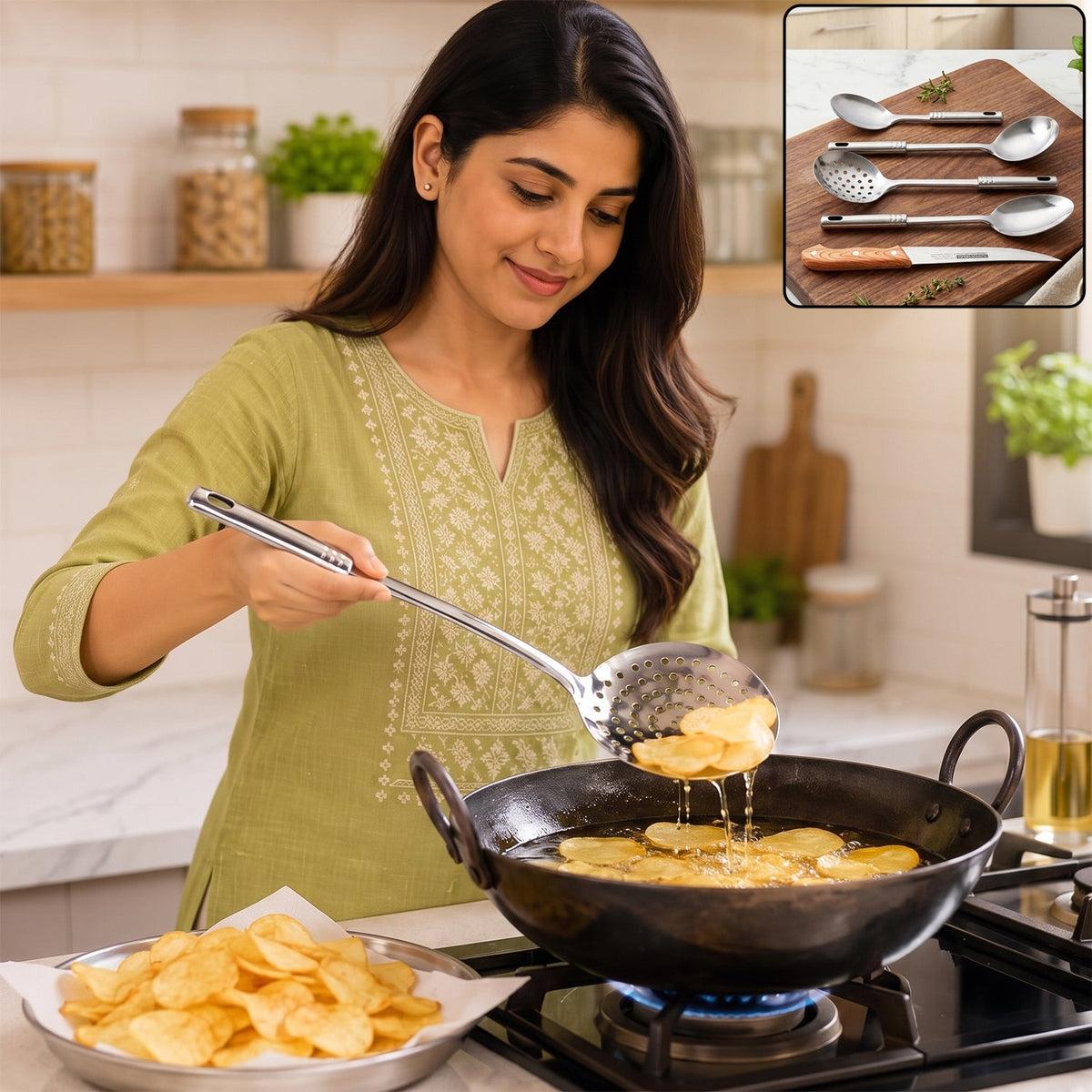 A hand holds a knife with a light wooden handle, slicing green chili peppers on a dark wooden cutting board.