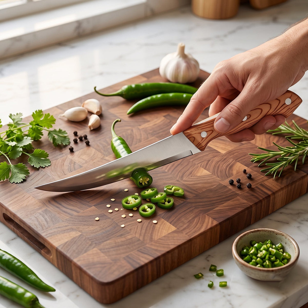 Five stainless steel kitchen tools, including a slotted spoon, two solid spoons, a ladle, and a knife, stand upright.