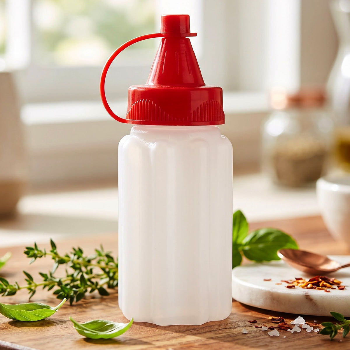 A small, empty, white ribbed plastic squeeze bottle with a bright red cap sits on a wooden board with herbs.