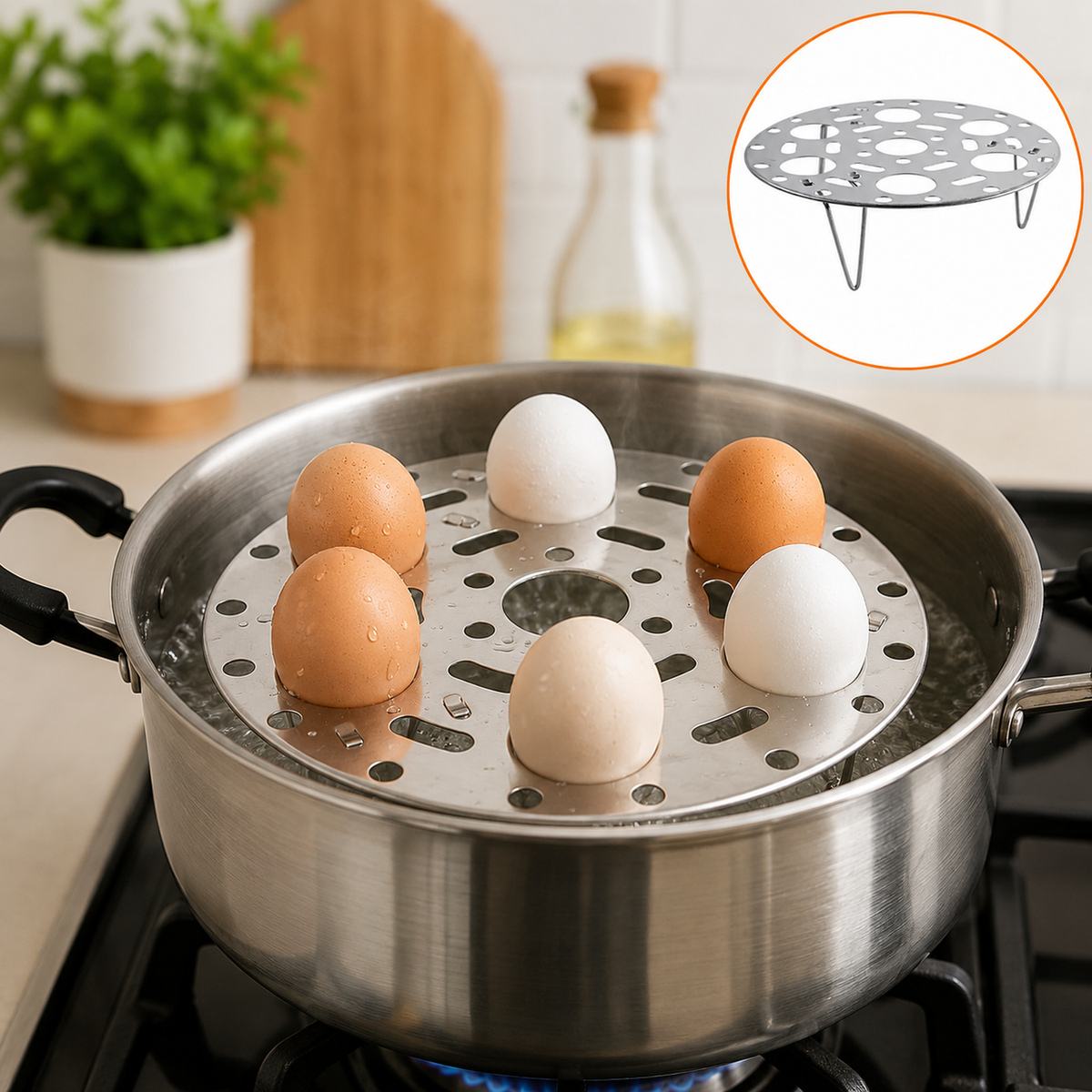 A stainless steel egg steamer rack holds six eggs in a pot of boiling water on a stove, with a small inset showing the rack