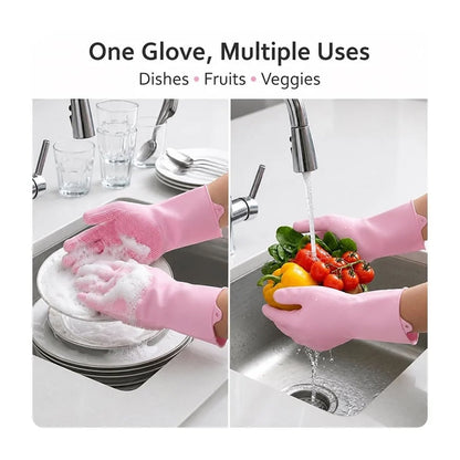 Split image showing hands in pink scrubber gloves washing dishes and rinsing fruits and vegetables in a kitchen sink.