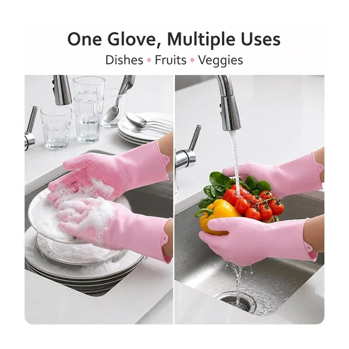 Split image showing hands in pink scrubber gloves washing dishes and rinsing fruits and vegetables in a kitchen sink.