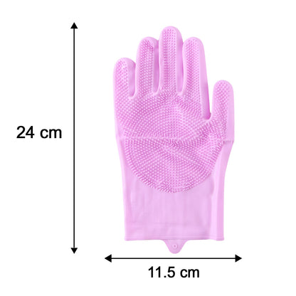 A single pink silicone scrubber glove with dimensions: 24 cm length and 11.5 cm width.