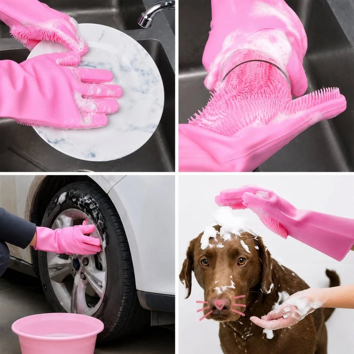 Four-panel image showing pink scrubber gloves washing dishes, cleaning a glass, scrubbing a car tire, and bathing a dog.