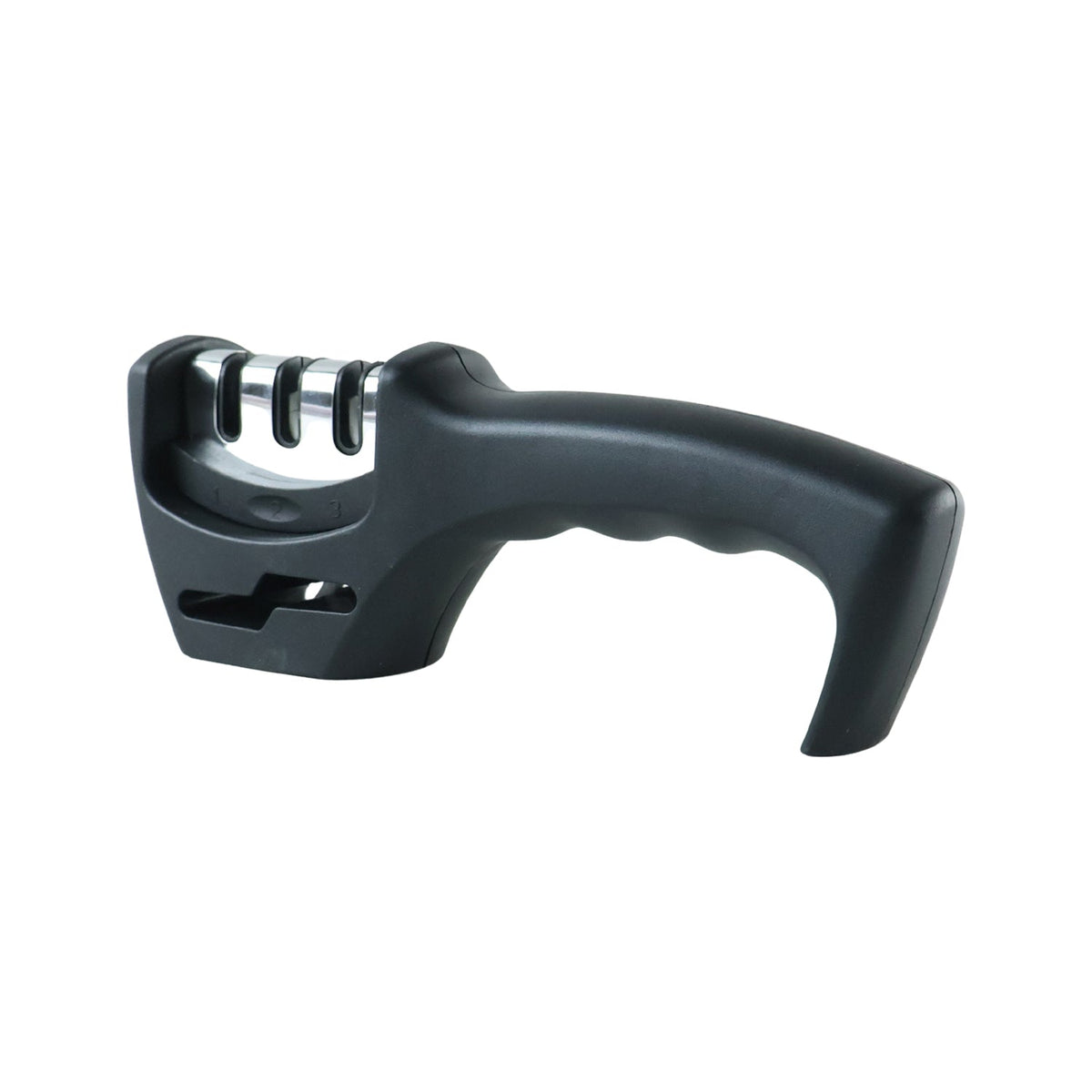 A black three-stage knife sharpener with silver sharpening slots is shown on a white background.