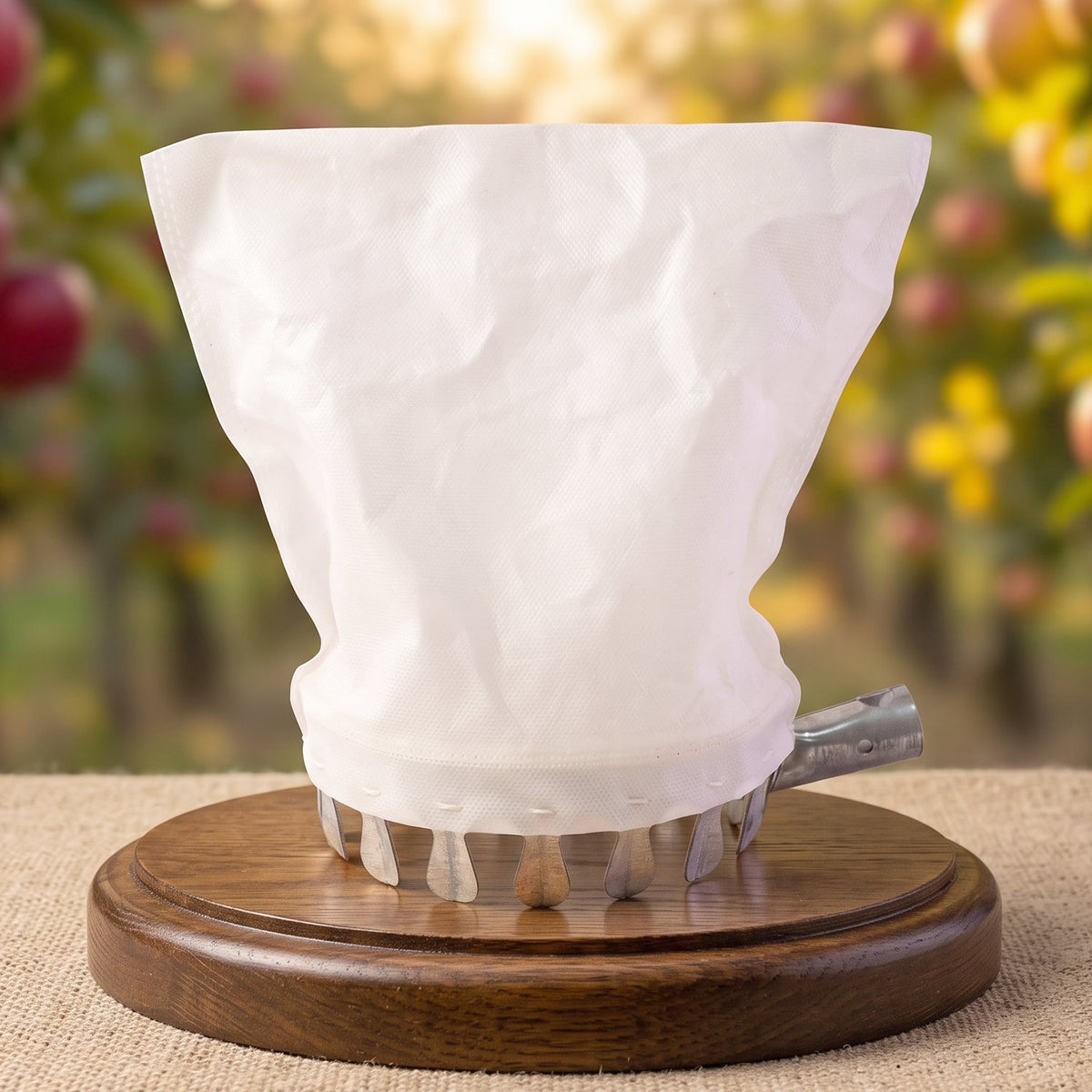 The fruit picker's white bag and metal prongs rest on a round wooden base, with a blurred orchard in the background.
