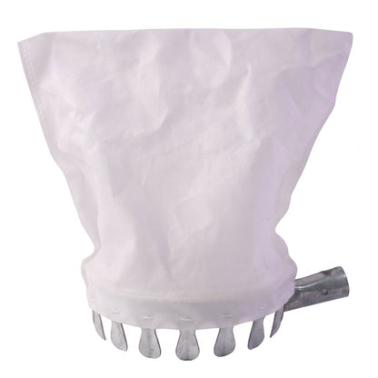 The white collection bag and metal prongs of the fruit picker are shown against a plain white background.