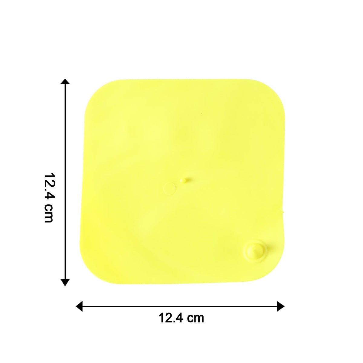 A plain bright yellow square silicone drain cover with dimensions of 12.4 cm by 12.4 cm shown on a white background.